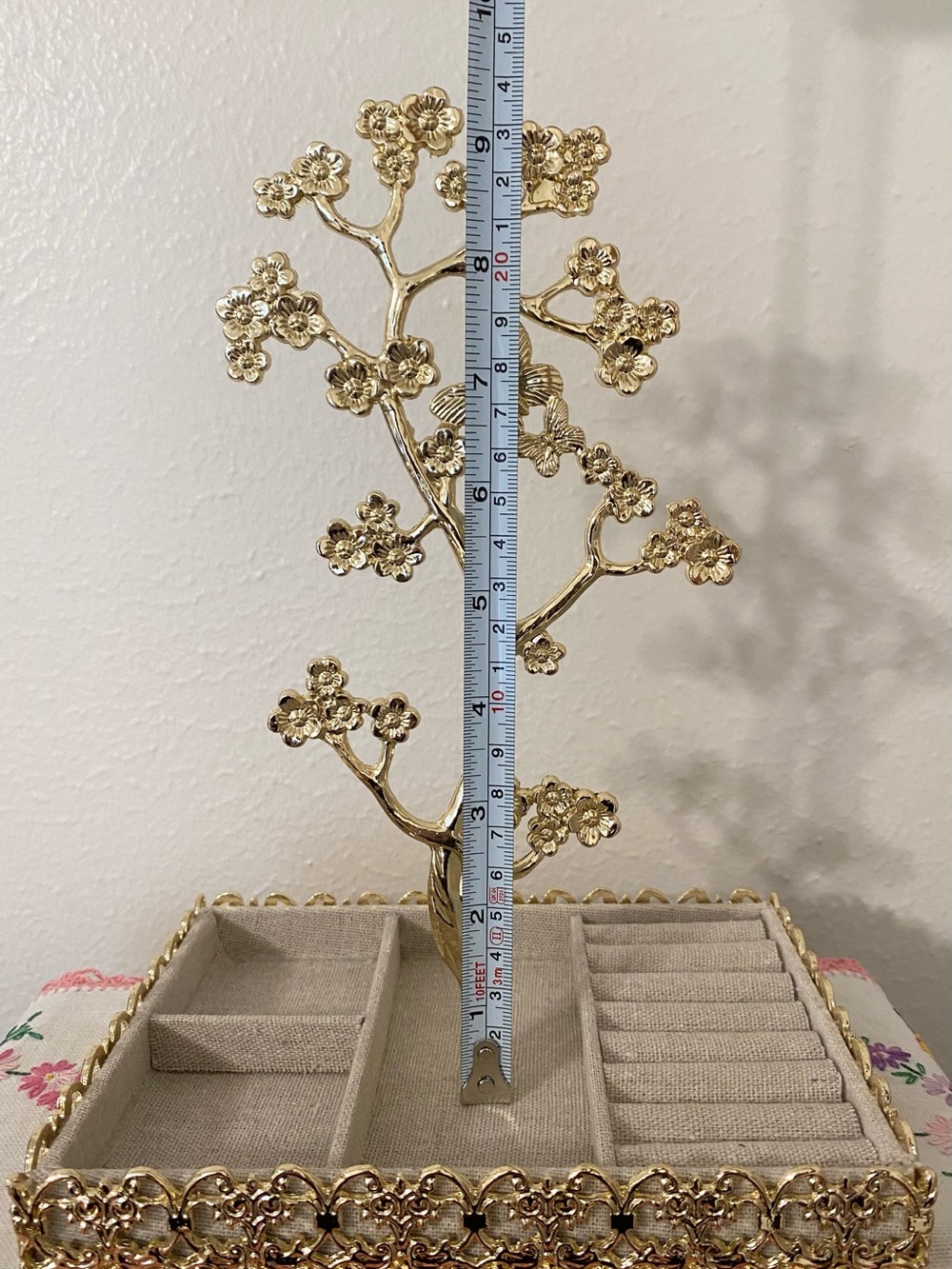 Gold Floral Jewelry Organizer Tree with Fabric Tray - Picture 5 of 7